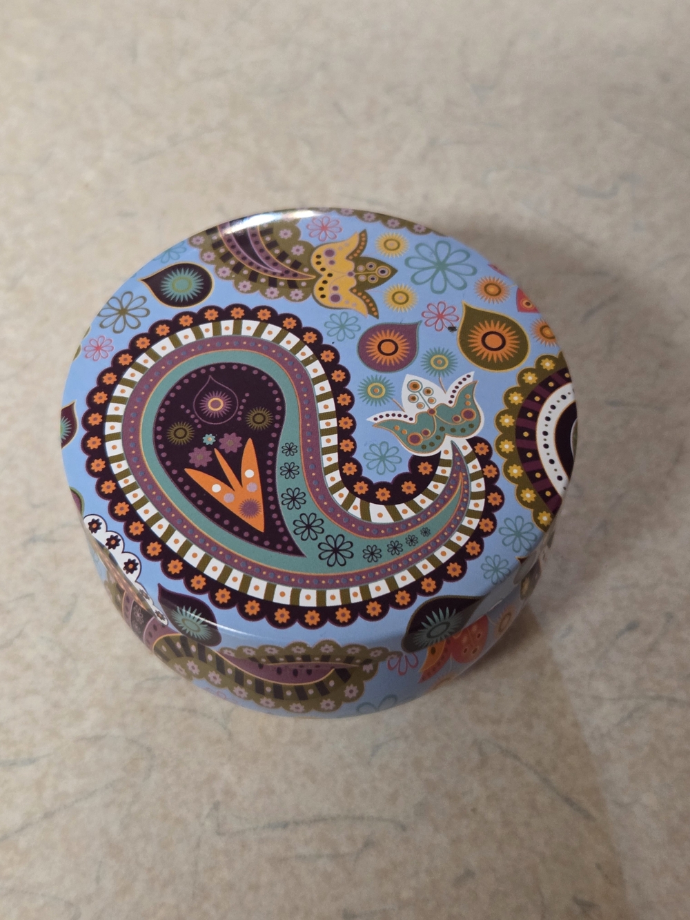 2.5 oz Peppermint 100% Soy Wax Candle in Decorative Light Blue Paisley Tin